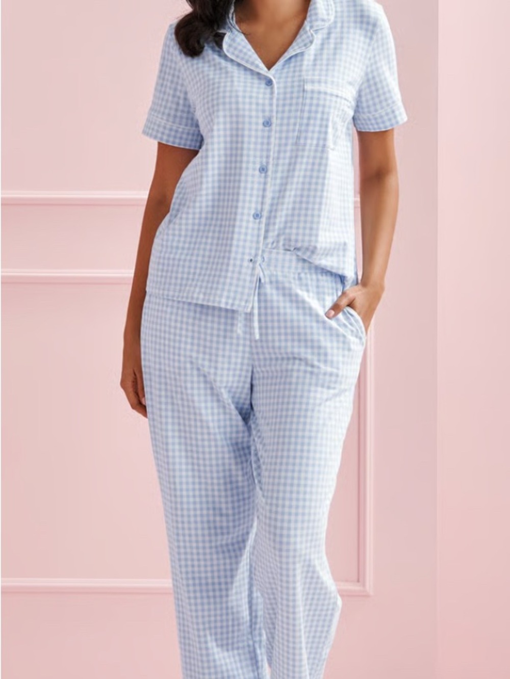 La Vie En RoseWomen's Light Blue Gingham Pajama Set - Casual Button-Up Sleepwear